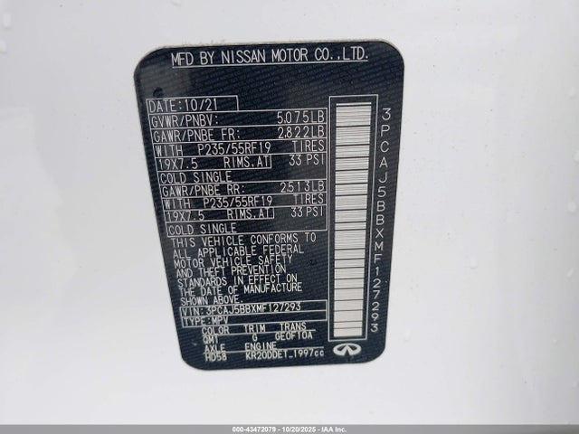 Продажа на аукционе авто 2021 Infiniti Qx50 Luxe Awd, vin: 3PCAJ5BBXMF127293, номер лота: 43472079