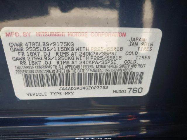 2016 MITSUBISHI OUTLANDER JA4AD3A34GZ023753 Photo 8
