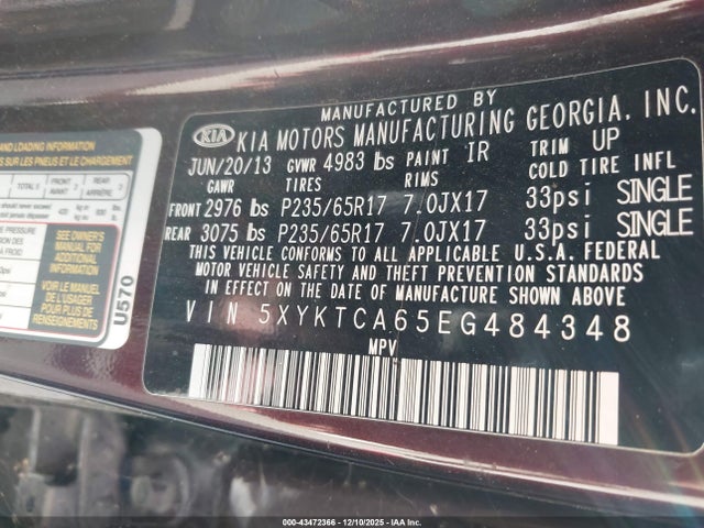 43472366 :رقم المزاد ، 5XYKTCA65EG484348 vin ، 2014 Kia Sorento Lx مزاد بيع