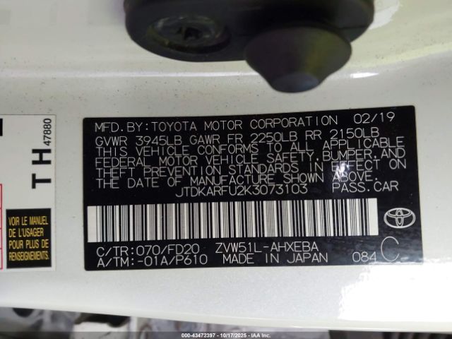 2019 TOYOTA PRIUS JTDKARFU2K3073103 Photo 8