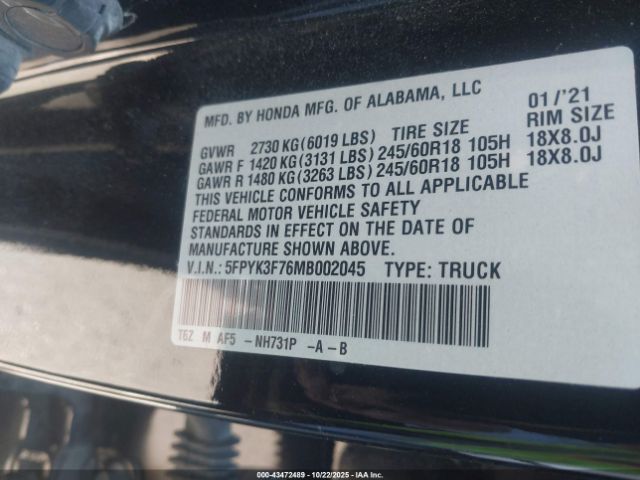 2021 HONDA RIDGELINE 5FPYK3F76MB002045 Photo 8