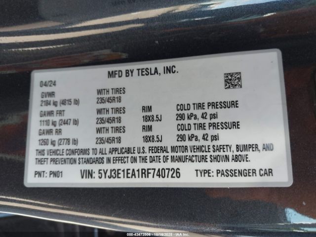 2024 TESLA MODEL 3 5YJ3E1EA1RF740726 Photo 8