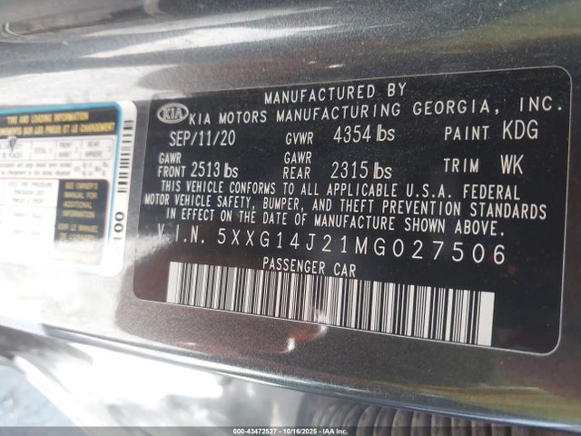 Aukcja sprzedaży 2021 Kia K5 Lxs, vin: 5XXG14J21MG027506, numer aukcji: 43472527