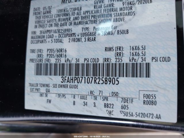 2007 FORD FUSION 3FAHP07107R258905 Photo 8