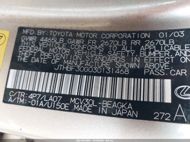 2003 LEXUS ES 300 JTHBF30G030131468 Photo 8