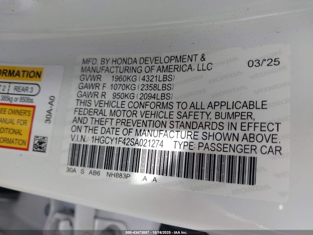 1HGCY1F42SA021274 Honda ACCORD SE