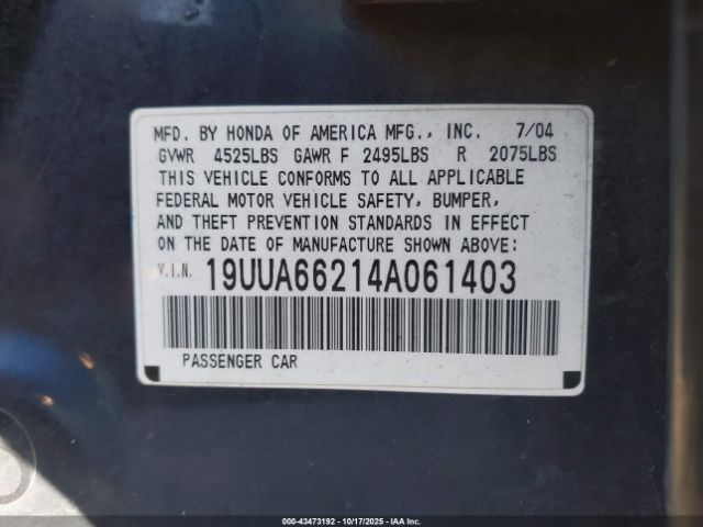 2004 ACURA TL 19UUA66214A061403 Photo 8