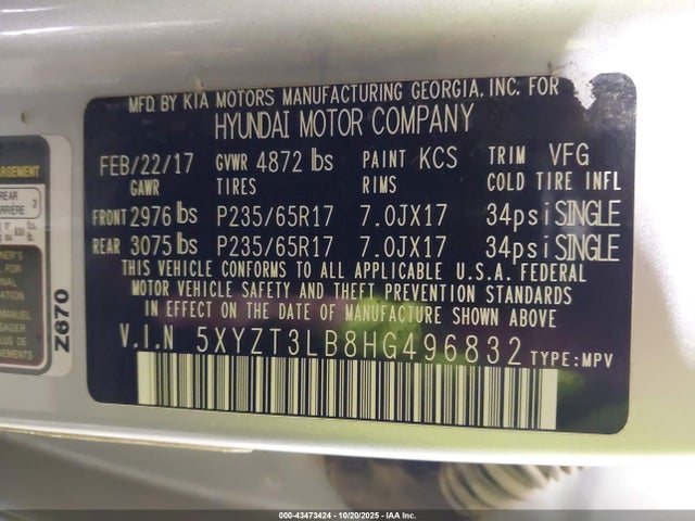 5XYZT3LB8HG496832 Hyundai Santa Fe Sport 2.4l
