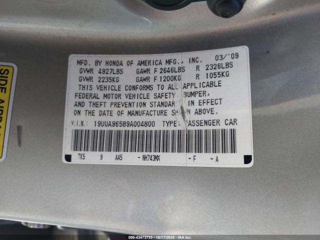 2009 ACURA TL 19UUA96589A004800 Photo 8