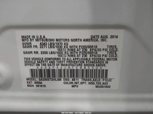 2015 MITSUBISHI OUTLANDER SPORT 4A4AP4AU0FE006524 Photo 8