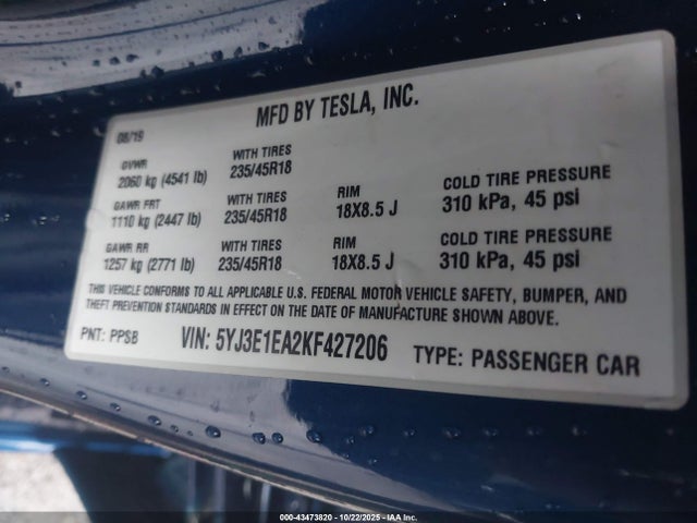 Aukcja sprzedaży 2019 Tesla Model 3 Long Range/mid Range/standard Range/standard Range Plus, vin: 5YJ3E1EA2KF427206, numer aukcji: 43473820