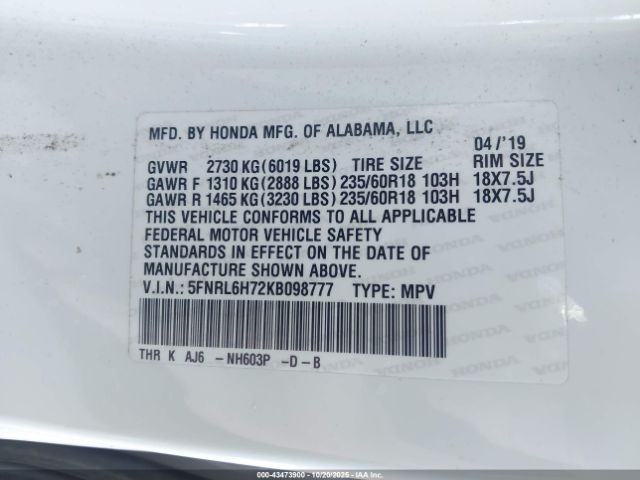 2019 HONDA ODYSSEY 5FNRL6H72KB098777 Photo 8