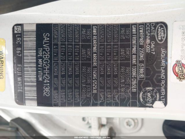 2017 LAND ROVER RANGE ROVER EVOQUE SALVP2BG2HH241362 Photo 8