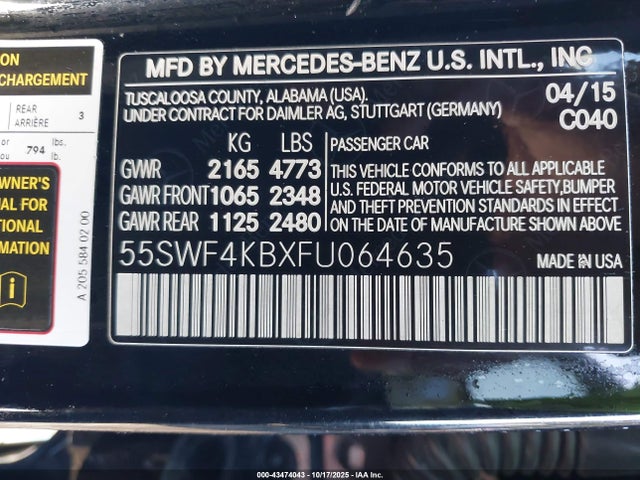 Продажа на аукционе авто 2015 Mercedes-benz C 300 4matic, vin: 55SWF4KBXFU064635, номер лота: 43474043