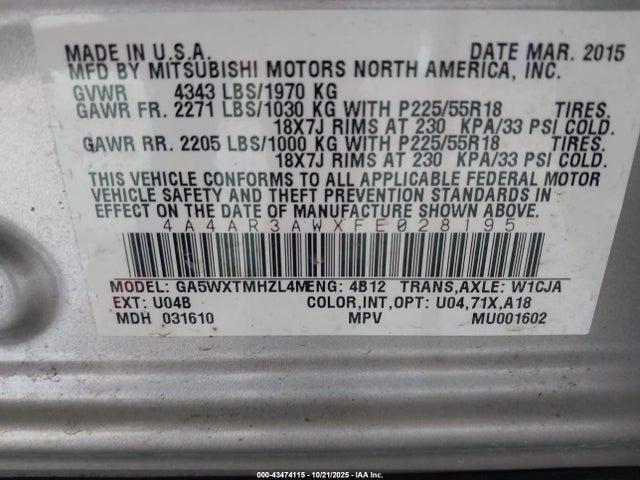 2015 MITSUBISHI OUTLANDER SPORT 4A4AR3AWXFE028195 Photo 8