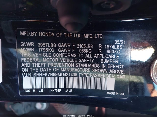 SHHFK7H69MU421436 Honda CIVIC EX