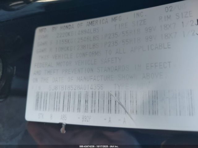 2008 ACURA RDX 5J8TB18528A014356 Photo 8