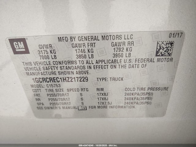 1GCRCREC1HZ217229 Chevrolet Silverado 1500 1lt