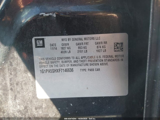 43474254 :رقم المزاد ، 1G1PA5SHXF7146636 vin ، 2015 Chevrolet Cruze Ls Auto مزاد بيع