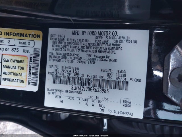 2016 Lincoln Mkz მანქანა იყიდება აუქციონზე, vin: 3LN6L2J90GR633985, აუქციონის ნომერი: 43474255