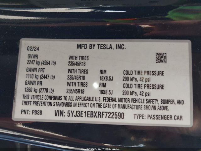 2024 TESLA MODEL 3 5YJ3E1EBXRF722590 Photo 8