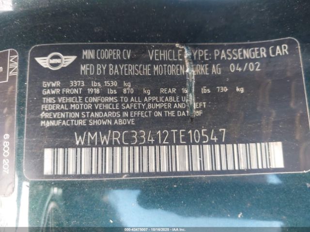 2002 MINI COOPER WMWRC33412TE10547 Photo 8