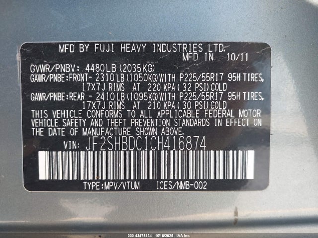 Aukcja sprzedaży 2012 Subaru Forester 2.5x Premium, vin: JF2SHBDC1CH416874, numer aukcji: 43475134