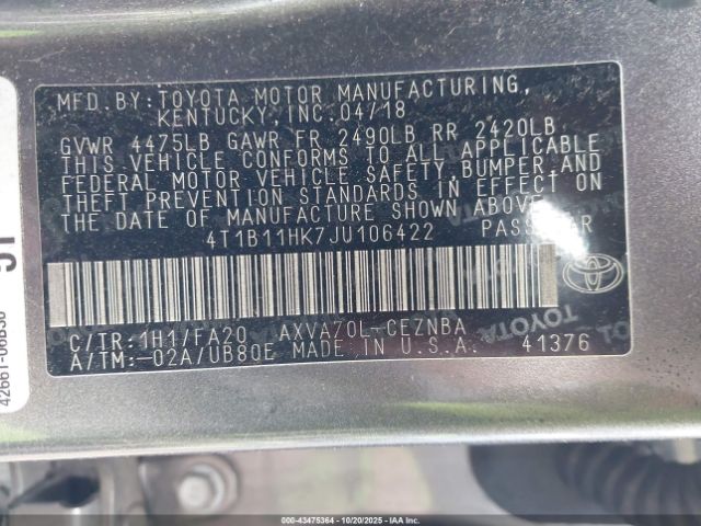 2018 TOYOTA CAMRY 4T1B11HK7JU106422 Photo 8