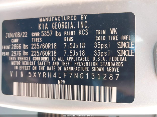 5XYRH4LF7NG131287 KIA SORENTO EX