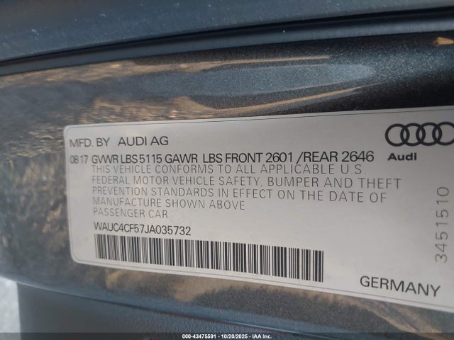 43475591 :رقم المزاد ، WAUC4CF57JA035732 vin ، 2018 Audi S5 3.0t Premium Plus مزاد بيع