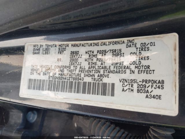 2001 TOYOTA TACOMA 5TEGN92N41Z788943 Photo 8