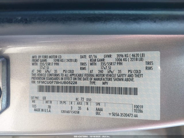 Ford 2.5l i-vct 2017 1FMCU0F78HUB05228 Image 9