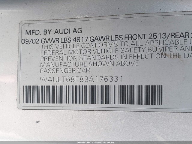 2003 AUDI A4 WAULT68E83A176331 Photo 8