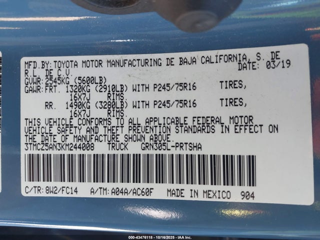 3TMCZ5AN3KM244008 Toyota 2gr-fks