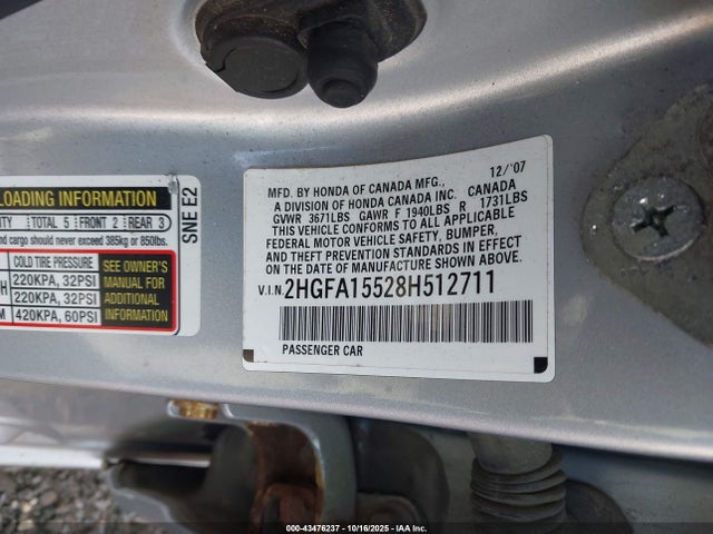 Aukcja sprzedaży 2008 Honda Civic Lx, vin: 2HGFA15528H512711, numer aukcji: 43476237