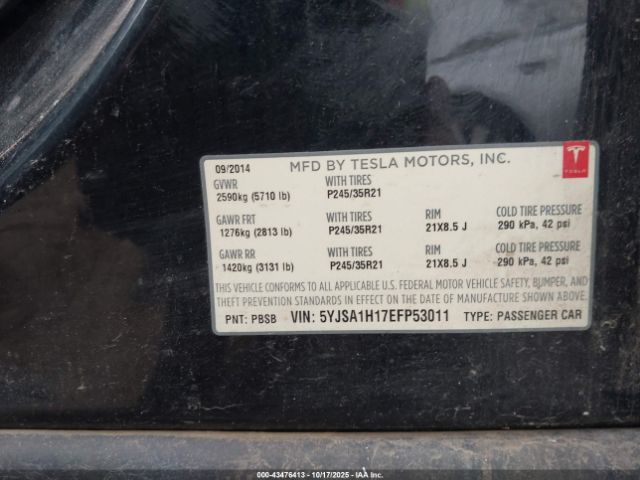 2014 TESLA MODEL S 5YJSA1H17EFP53011 Photo 8