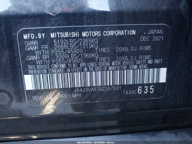 2022 MITSUBISHI OUTLANDER JA4J3VA87NZ057631 Photo 8