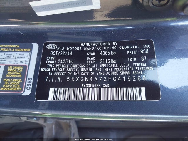 KIA OPTIMA EX 2015 5XXGN4A72FG419266 Image 9