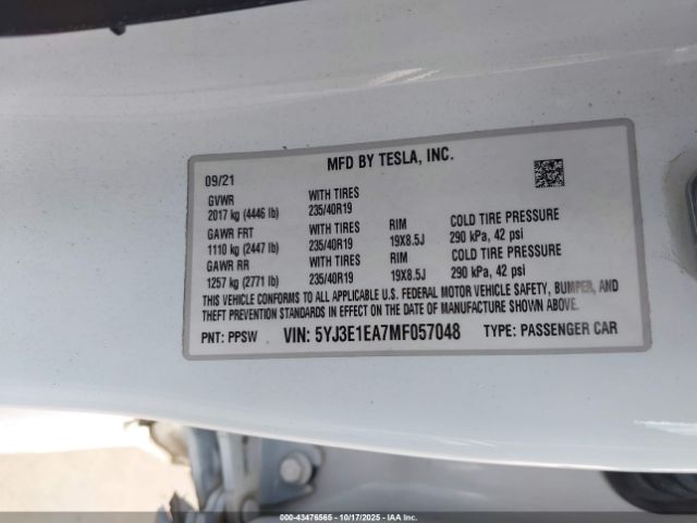 2021 TESLA MODEL 3 5YJ3E1EA7MF057048 Photo 8