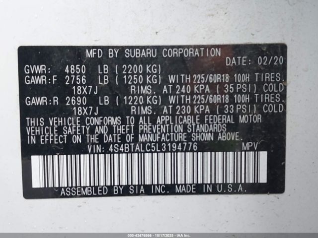 2020 SUBARU OUTBACK 4S4BTALC5L3194776 Photo 8