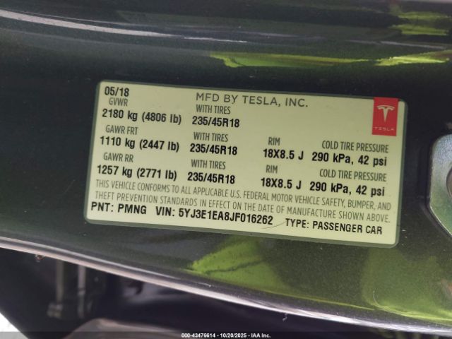 2018 TESLA MODEL 3 5YJ3E1EA8JF016262 Photo 8