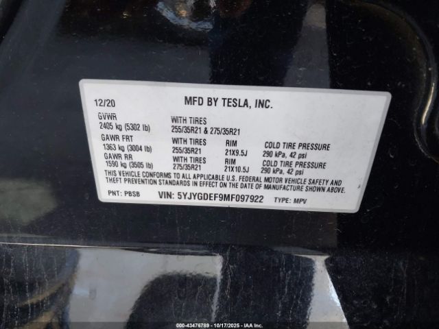 2021 TESLA MODEL Y 5YJYGDEF9MF097922 Photo 8