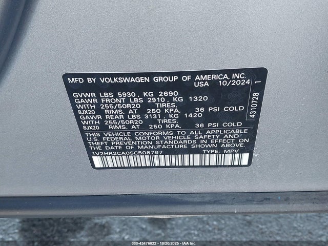 43476822 :رقم المزاد ، 1V2HR2CA0SC508767 vin ، 2025 Volkswagen Atlas 2.0t Se W/technology مزاد بيع