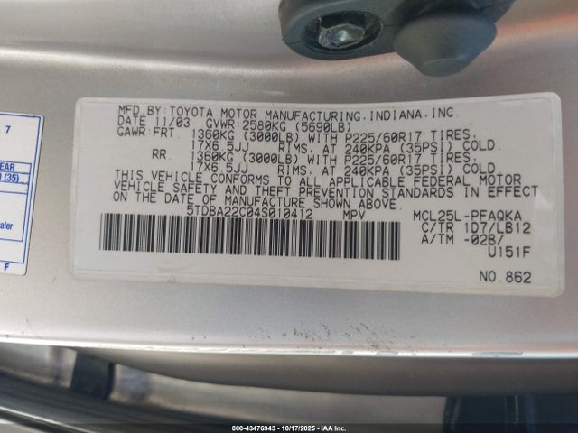 Aukcja sprzedaży 2004 Toyota Sienna Xle Limited, vin: 5TDBA22C04S010412, numer aukcji: 43476943