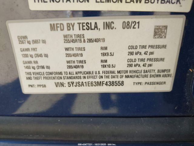 2021 TESLA MODEL S 5YJSA1E63MF438558 Photo 8