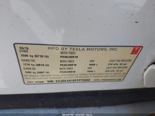 2015 TESLA MODEL S 5YJSA1H18FFP75908 Photo 8