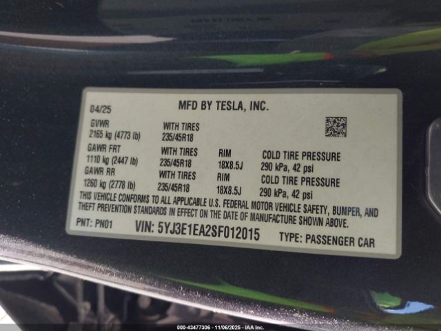 2025 TESLA MODEL 3 5YJ3E1EA2SF012015 Photo 8