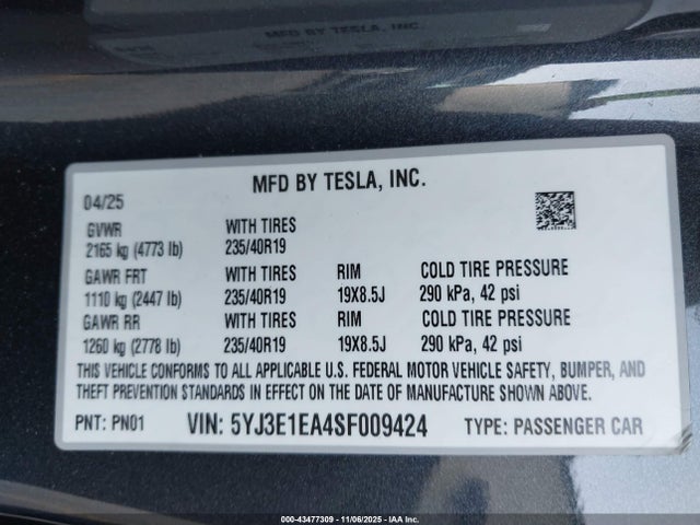 2025 TESLA MODEL 3 5YJ3E1EA4SF009424 Photo 8