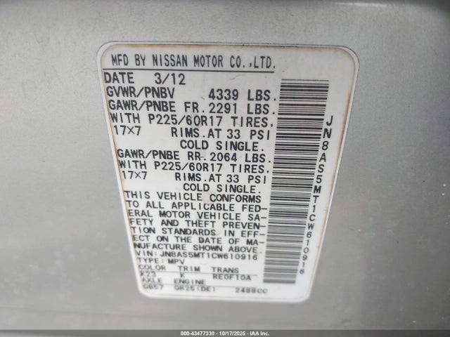 Auction sale of the 2012 Nissan Rogue Sv, vin: JN8AS5MT1CW610916, lot number: 43477330