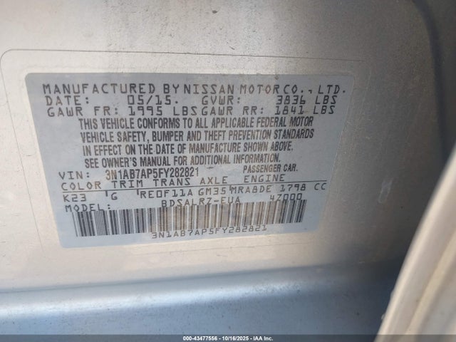 Продажа на аукционе авто 2015 Nissan Sentra Sr, vin: 3N1AB7AP5FY282821, номер лота: 43477556